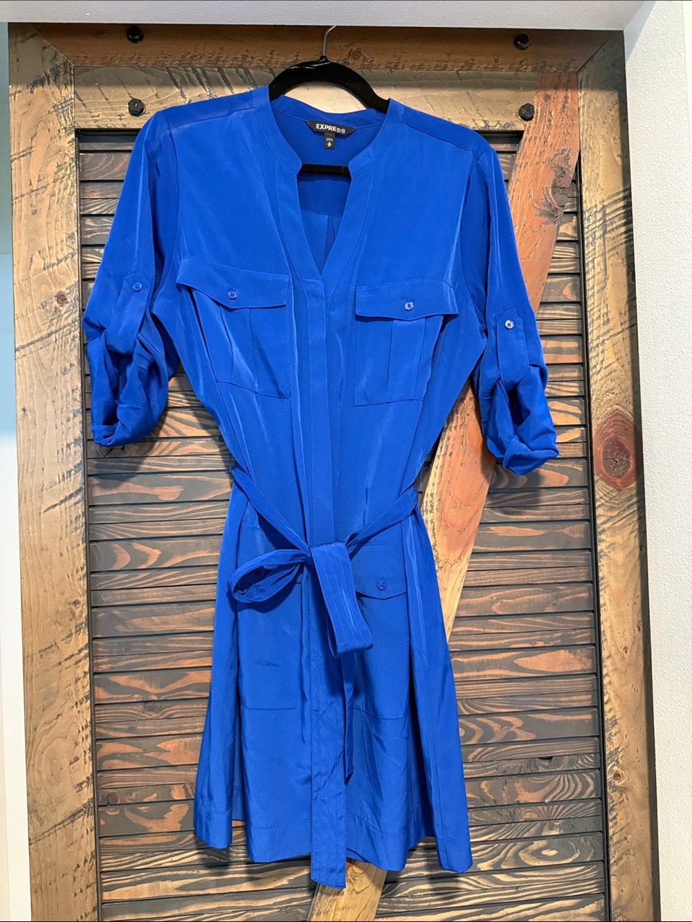 Express Royal Blue Tie-Waist Shirt Mini Dress